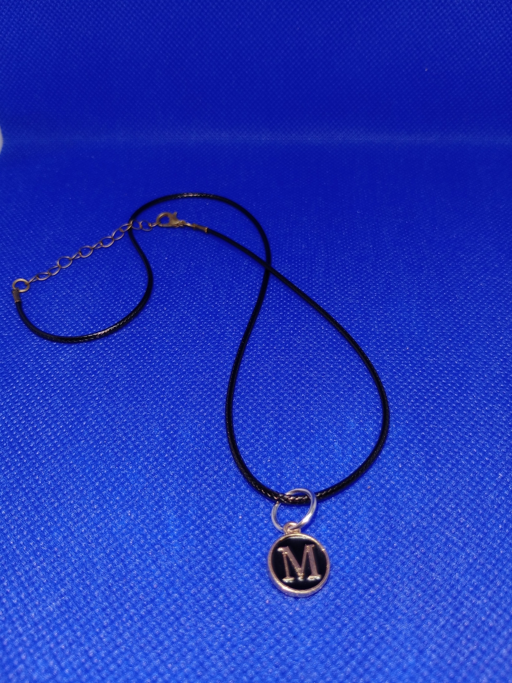 Initial M Black Cord Necklace with Round Pendant